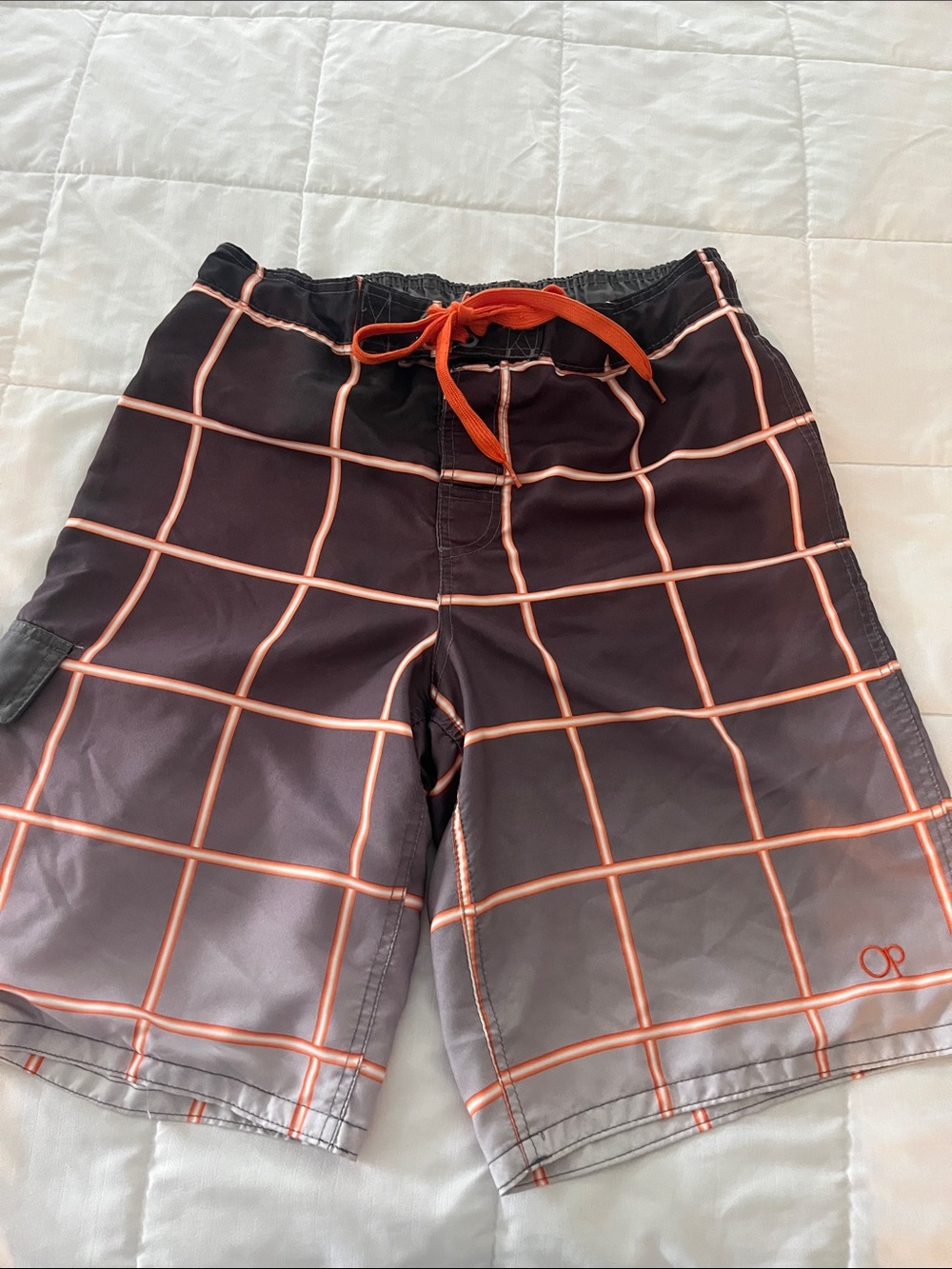 OP Men's Black Swim Shorts with Orange Grid and Drawstring